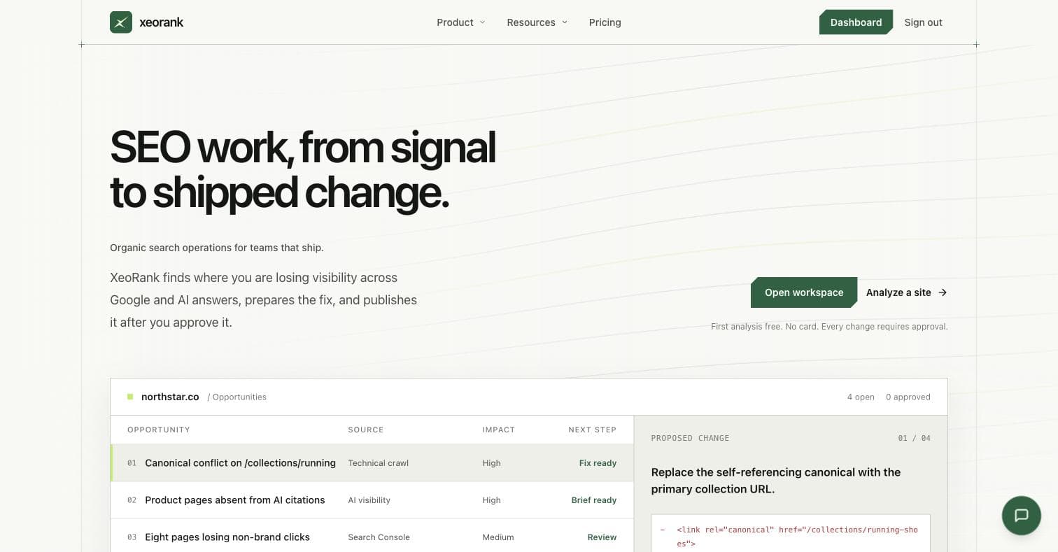 XeoRank homepage — SEO work, from signal to shipped change.